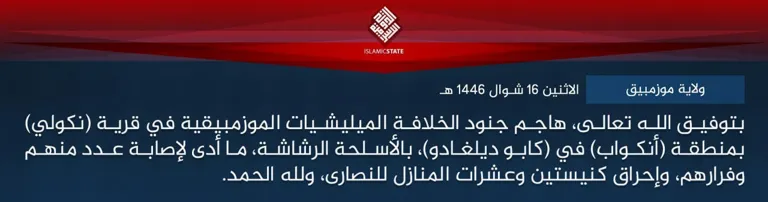 ولاية موزمبيق – بتوفيق الله تعالى، هاجم جنود الخلافة الميليشيات الموزمبيقية في قرية (نكولي) بمنطقة (أنكواب) في (كابو ديلغادو)، بالأسلحة الرشاشة، ما أدى لإصابة عدد منهم وفرارهم، وإحراق كنيستين وعشرات المنازل للنصارى، ولله الحمد.