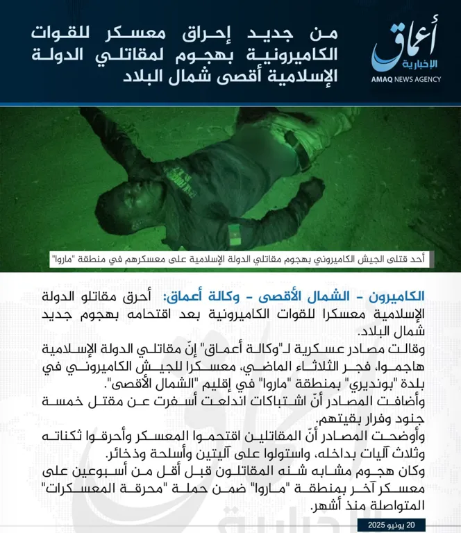 وكالة أعماق: من جديد إحراق معسكر للقوات الكاميرونية بهجوم لمقاتلي الدولة الإسلامية أقصى شمال البلاد