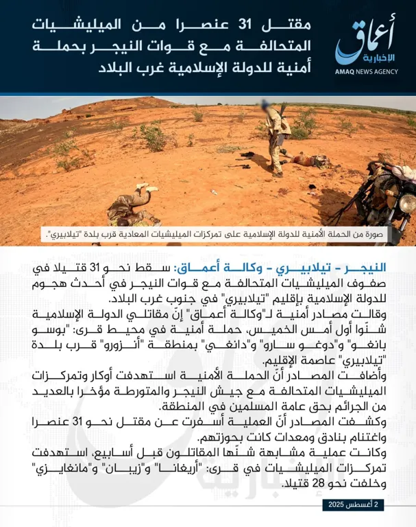 وكالة أعماق: مقتل 31 عنصرا من الميليشيات المتحالفة مع قوات النيجر بحملة أمنية للدولة الإسلامية غرب البلاد